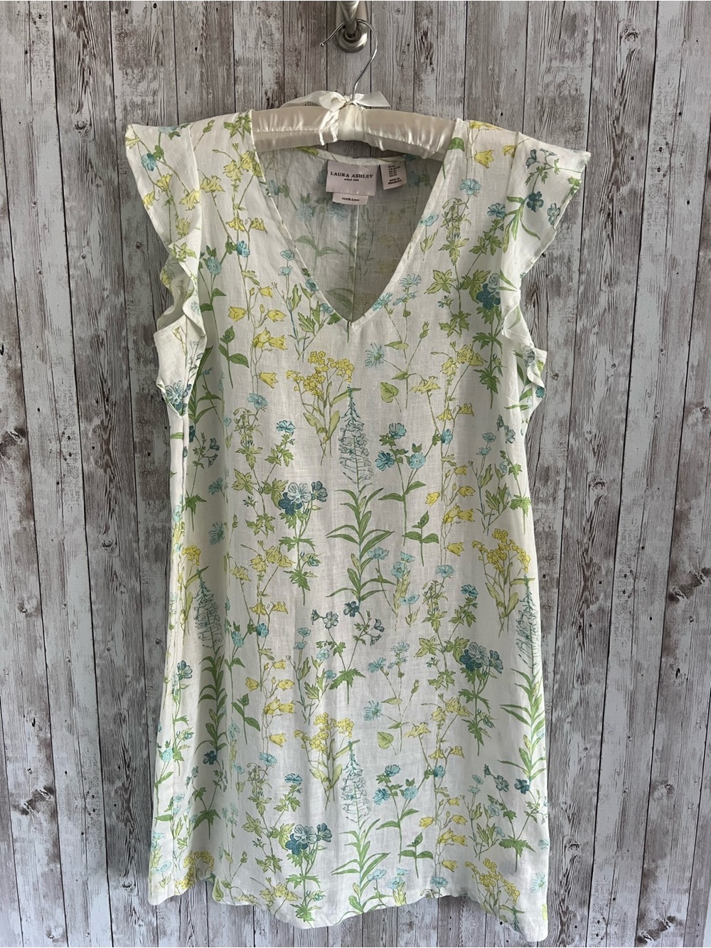 Laura Ashley White Linen Dress with Green & Blue Floral Print Girly Linen XS